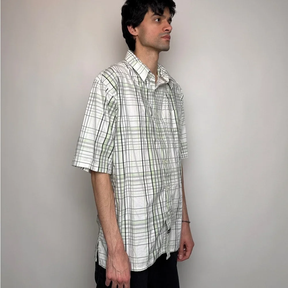 Southpole Mens XL Short Sleeve Button Down Shirt Plaid Lime Green Y2K Baggy - Picture 10 of 11